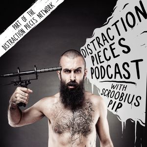 Distraction Pieces Podcast advertising image - Scroobius Pip holding mic to head