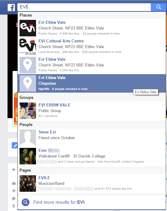 chwiliad evi ar gyfer cyngor Facebook
