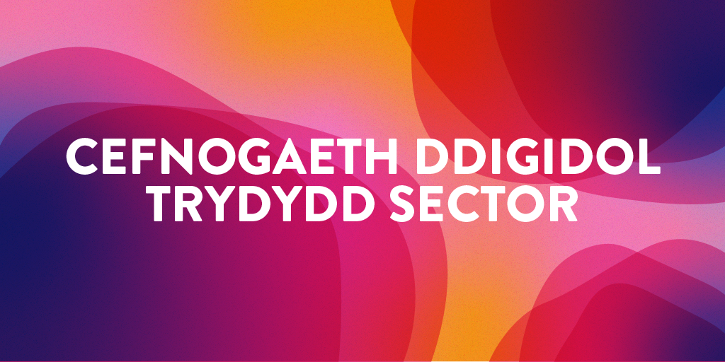 Welsh Third sector digital support logo with words Cefnogaeth Ddigidol Trydydd Sector. Wavy lava lamp 'esque' circles in pinks, purples, red and orange.