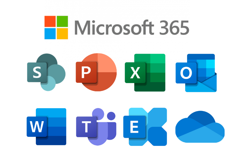 Microsoft 365 logo with logos of all the programmes available within the suite - best tools for a non-profit