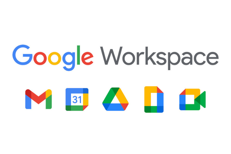Logo Google Workspace gyda logos yr holl raglenni sydd ar gael - offer gorau i sefydliad dielw