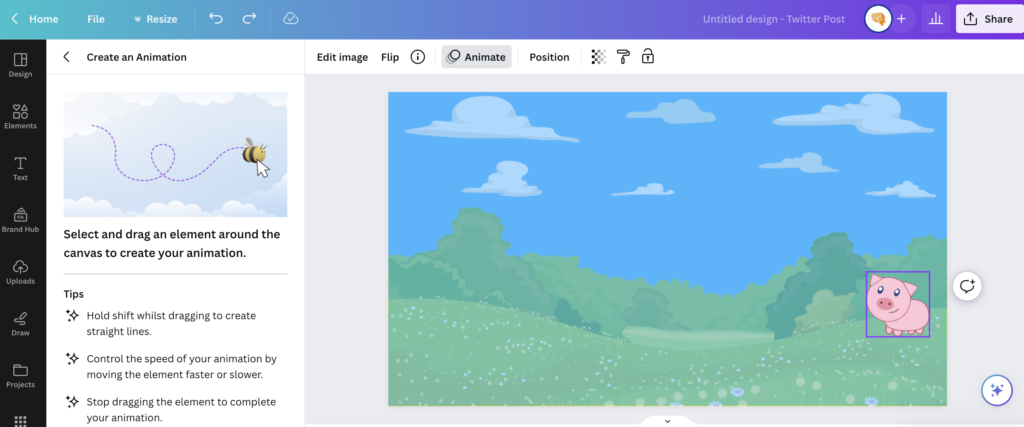 Sgrinlun yn dangos nodwedd Create Animation Canva. Animeiddiad o fochyn mewn cae.