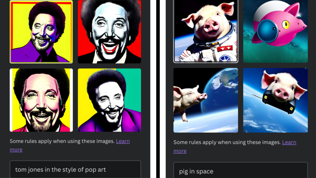 Side by side images to demonstrate text to image feature on Canva. On the left, a selection of images of Tom Jones in the style of pop art. On the right, a selection of images of a pig in space. 