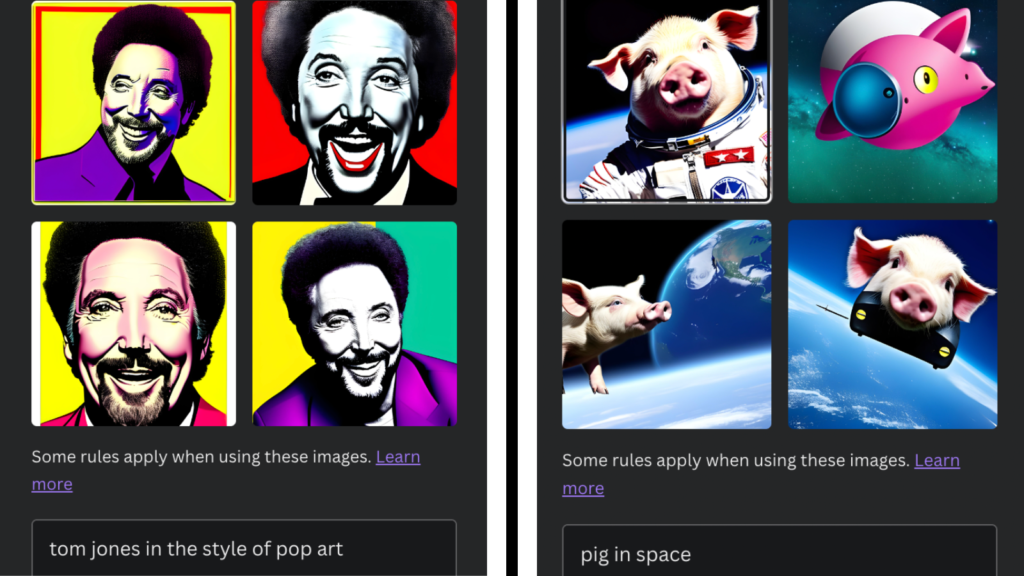 Lluniau ochr yn ochr i ddangos y nodwedd testun-i-ddelwedd ar Canva. Ar y chwith, 4 llun Tom Jones mewn arddull pop art. Ar y dde, 4 llun mochyn yn y gofod.