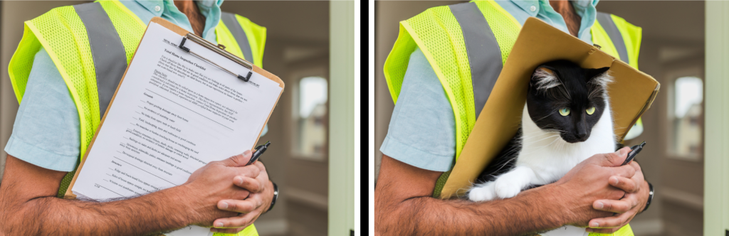 Side by side images to demonstrate Magic Edit feature on Canva. Image of man in high vis jacket holding a clipboard with a piece of paper on it side by side with the paper now replaced by a cat.