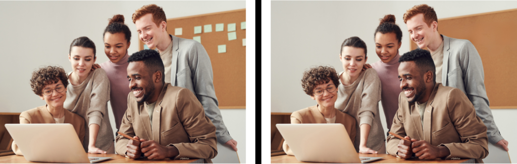 Side by side images to demonstrate Magic Eraser feature on Canva.
Group of five people ( 3 women and 2 men) all staring at a computer screen. There is a pin board behind them. The left image has post its on the pin board. The right image has these post its removed.