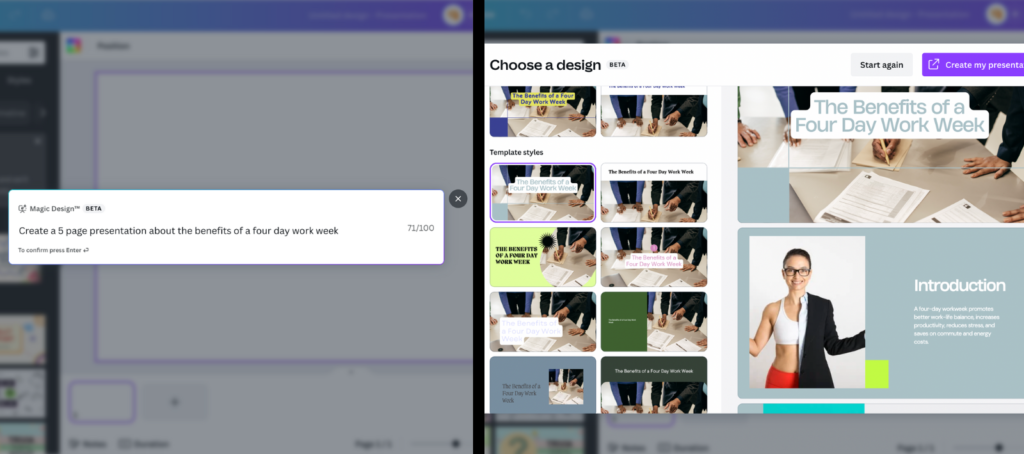 Screenshot images of choosing a design using Magic Design to create a presentation on Canva