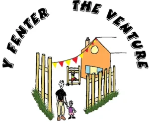 The Venture logo - cartoon of an adult man and child holding hands coming out of the gate of a playground