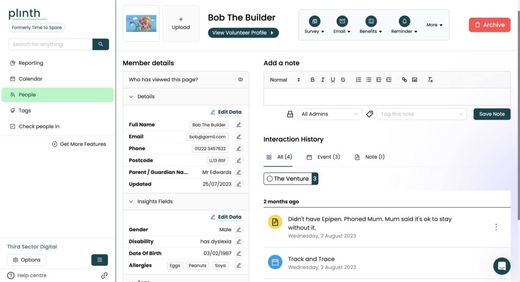 Screen grab from the Plinth resource showing how to add members details to the platform