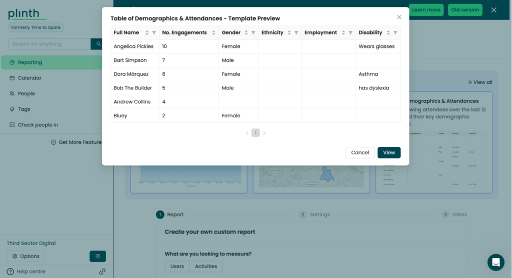 Screen grab from the Plinth resource showing how to get a table of demographics and attendances for reports