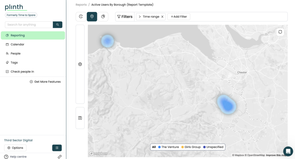 Screen grab from the Plinth resource showing active users by borough for reporting purposers