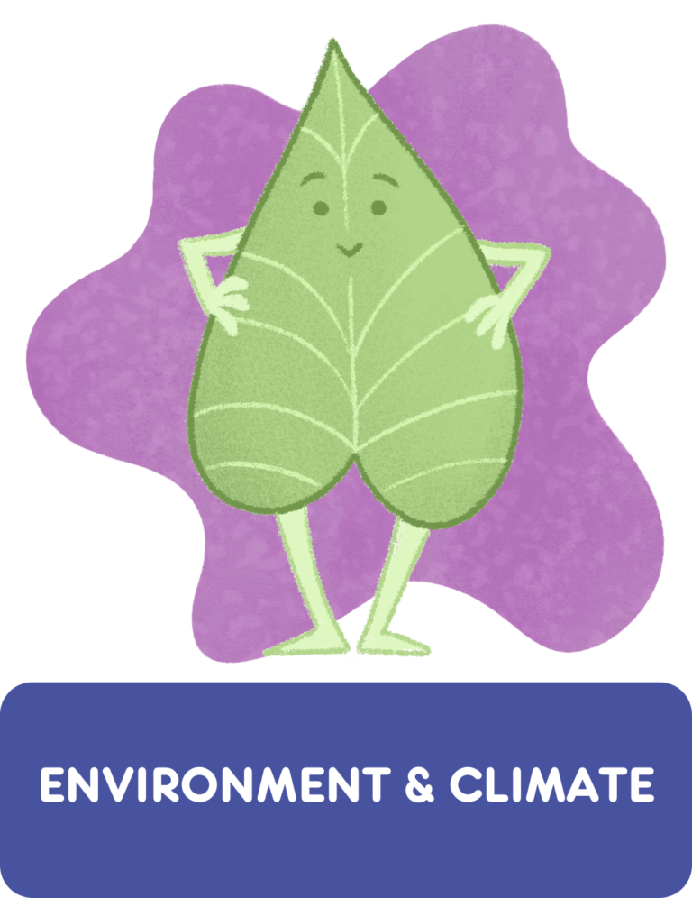 Cartoon green leaf with arms, legs and a happy face. Represents the Environment and Climate Get Help page on Meic.
