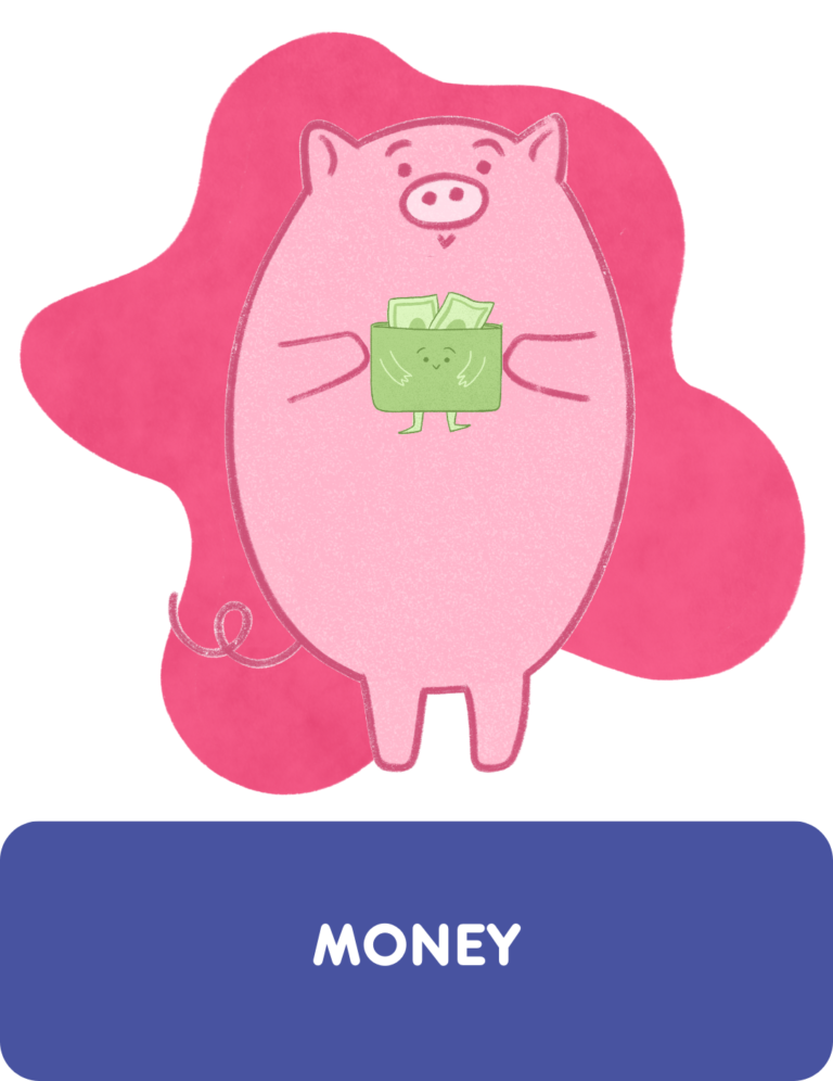Cartoon pink pig holding a green wallet. Represents the Money Get Help page on Meic.