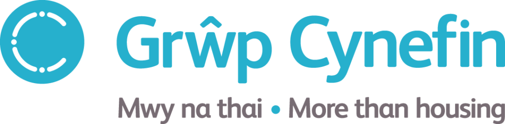 Logo Grŵp Cynefin gyda'r geiriau Mwy na thai
C gwyn mewn cylch glas 
Digidol