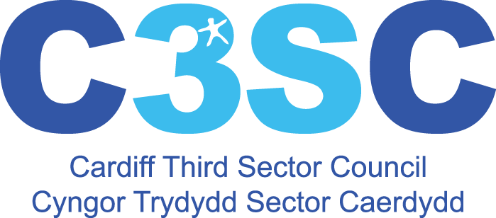 Logo C3SC gyda'r geiriau Cyngor Trydydd Sector Caerdydd. Ysgrifen dau las gwahanol. Amlinell person gwyn yn y ffigwr 3.